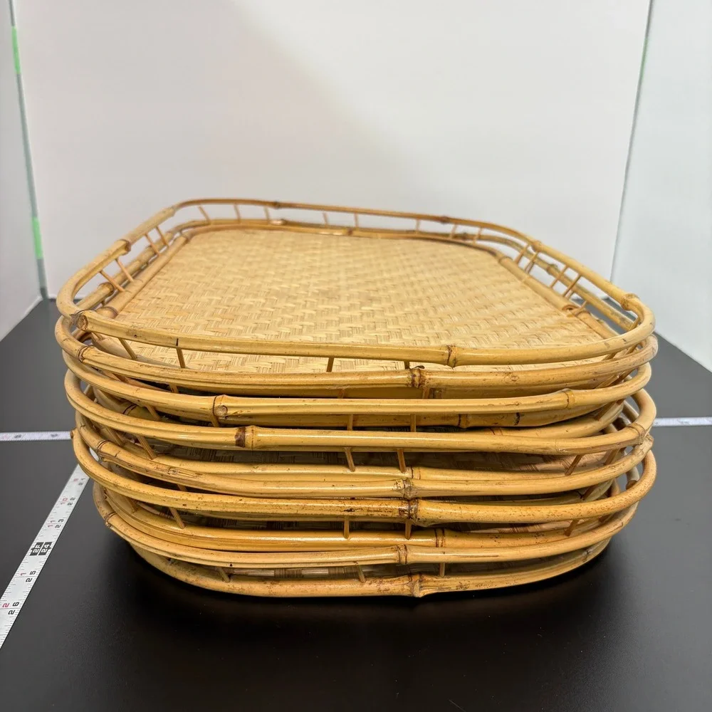 Vintage Bamboo Serving Trays Lot of 7 Tan Woven Rattan Boho Decor Tiki TV Lap